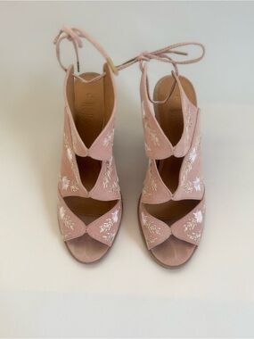 Charlotte Russe Lace-Up Embroidered Suede Wedge Sandals - Blush Pink